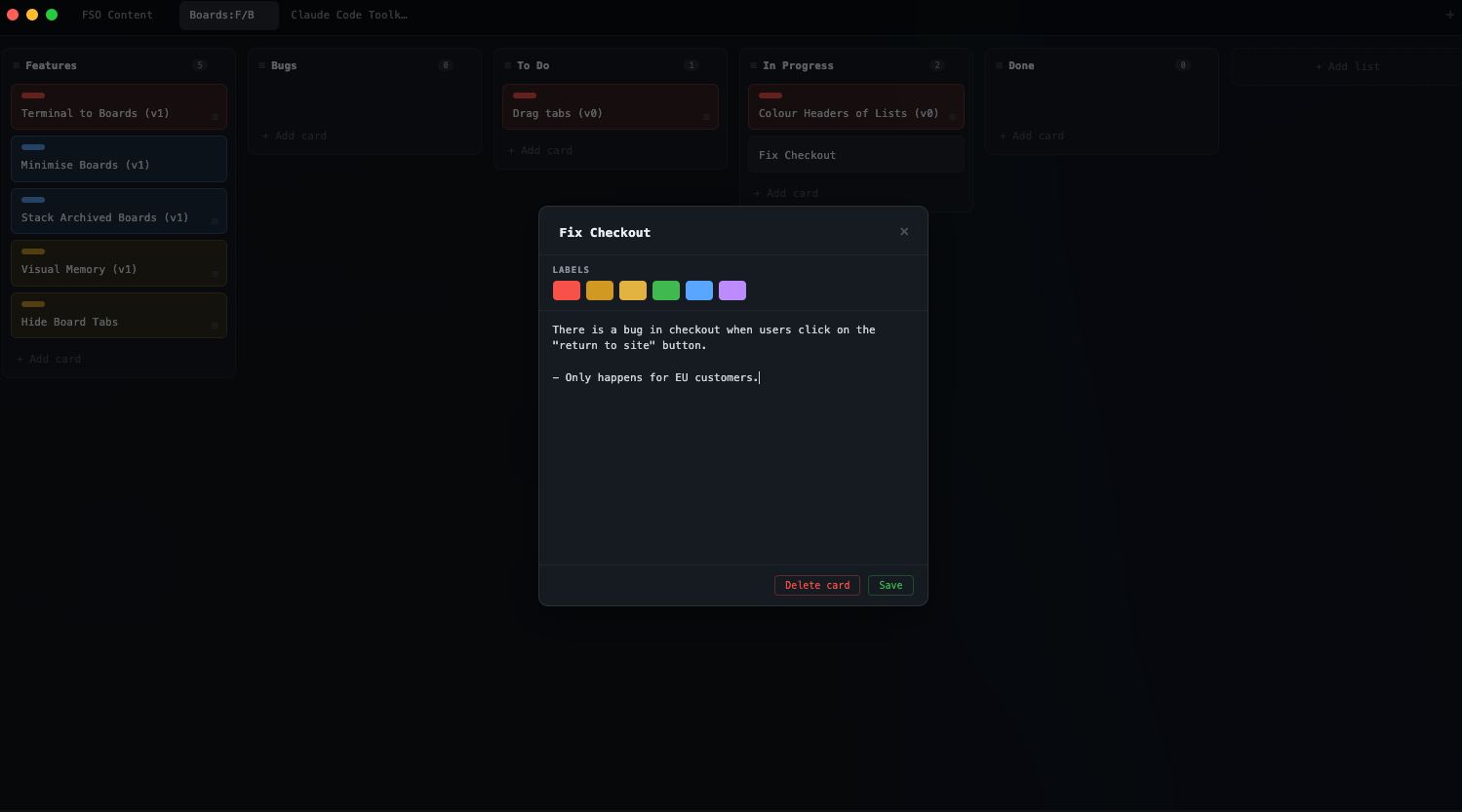 Claude Code Toolkit — board tool with lists, cards, labels, and card detail modal