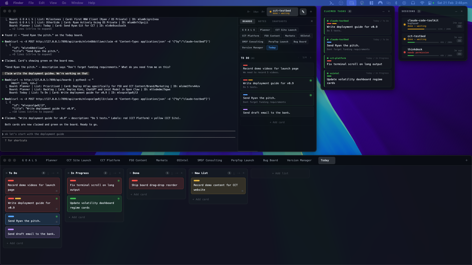 Claude Code Toolkit — terminal with drawer open showing boards, claimed work widget floating alongside