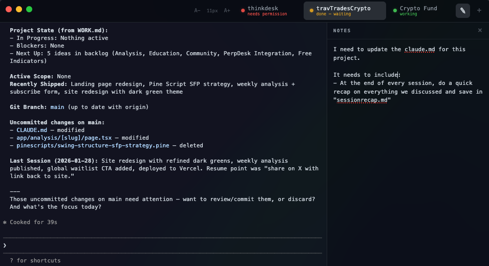 Claude Code Toolkit — tabbed terminal with drawer system showing boards, notes, and snapshots